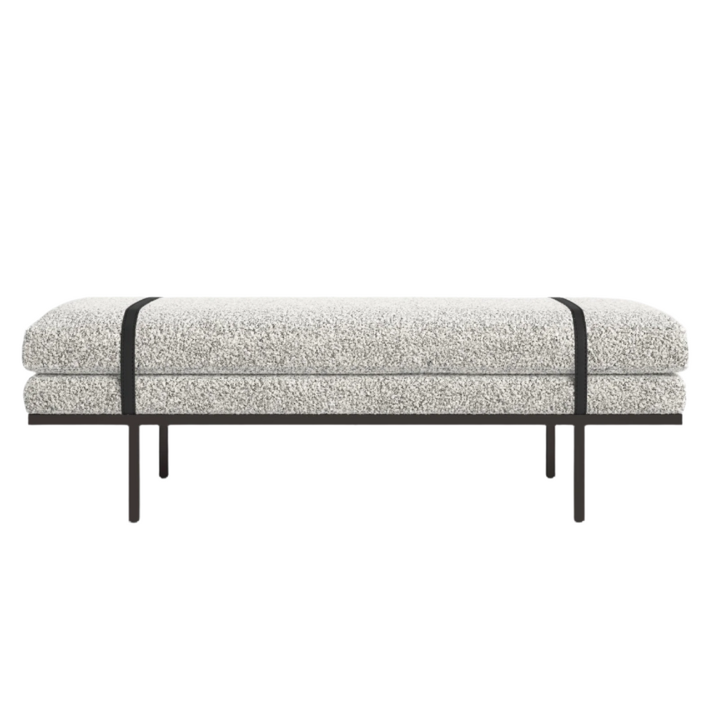 59-inch natural bouclé upholstered end-of-bed bench with stacked cushioned seat, contrasting dark wood base and slim legs, and two black straps running across the cushion.