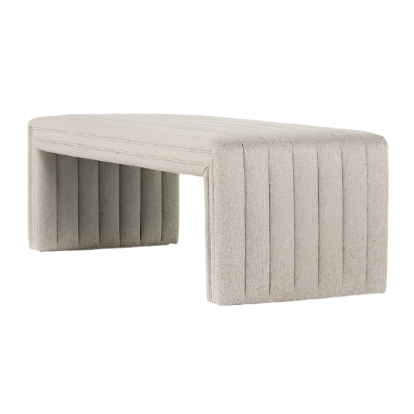 59-inch upholstered end-of-bed bench in natural beige boucle fabric with vertical channel tufting and a continuous U-shaped cushioned frame for a modern coastal look.