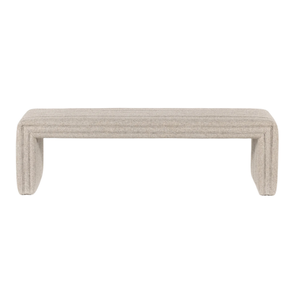 59-inch upholstered end-of-bed bench in natural beige boucle fabric, featuring horizontal channel stitching on the seat and continuous curved U-shaped legs for a modern coastal look.