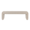 59-inch upholstered end-of-bed bench in natural beige boucle fabric, featuring horizontal channel stitching on the seat and continuous curved U-shaped legs for a modern coastal look.