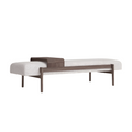 Backless 59-inch bench upholstered in off-white boucle on a stained solid wood frame with tapered legs and a low-profile wooden tray accent, shown in a modern coastal styling.
