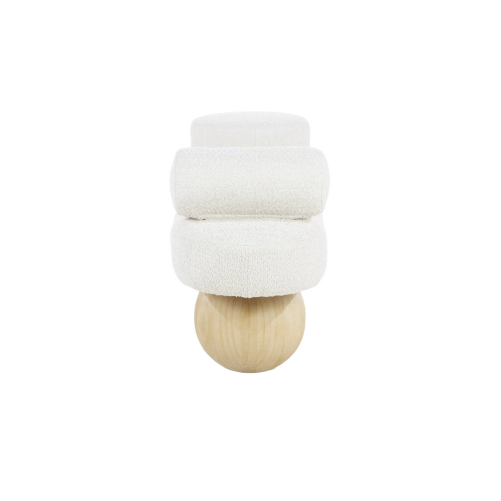 Front view of a cream boucle-upholstered bench cushion stack resting on a round natural solid wood ball leg against a white background.