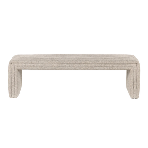 59-inch upholstered end-of-bed bench in natural beige boucle fabric, featuring horizontal channel stitching on the seat and continuous curved U-shaped legs for a modern coastal look.