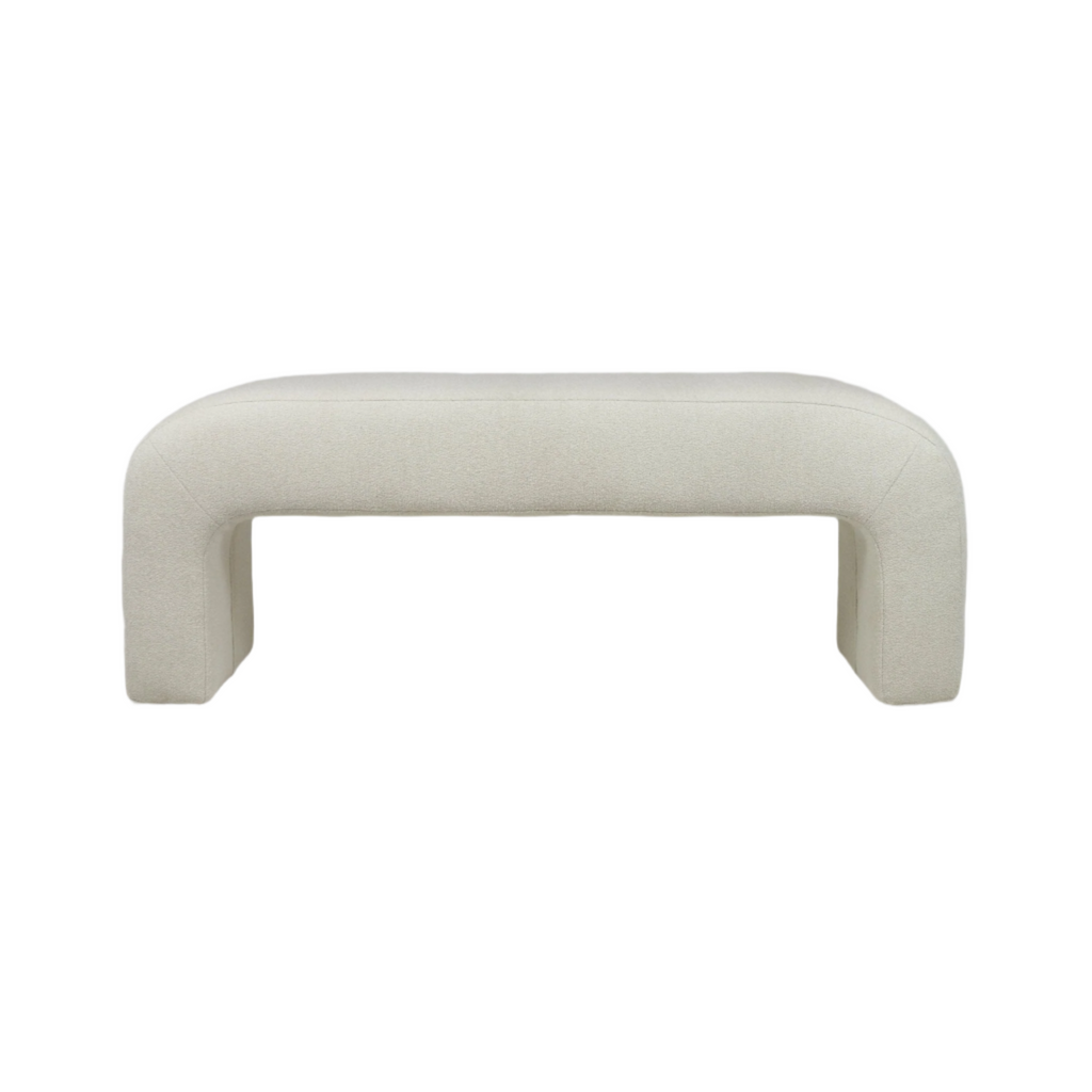75-inch cream boucle upholstered end-of-bed bench with rounded corners and integrated arched legs, minimalist contemporary coastal-style seating.