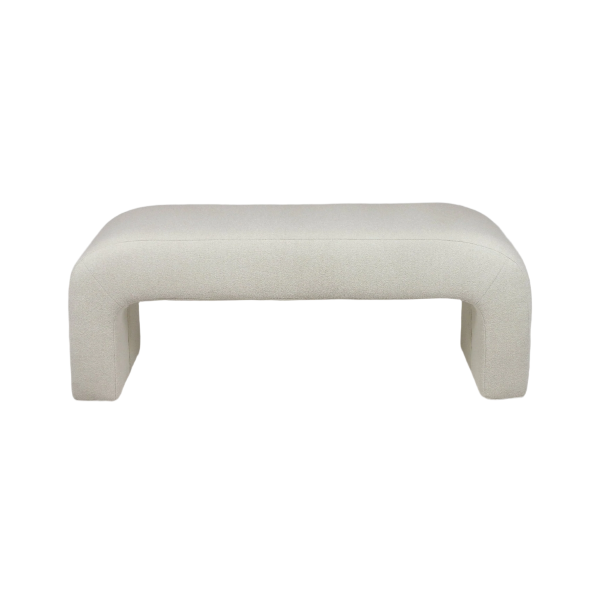 75-inch cream boucle upholstered bench with rounded U-shaped legs and a low-profile padded seat, shown against a white background.