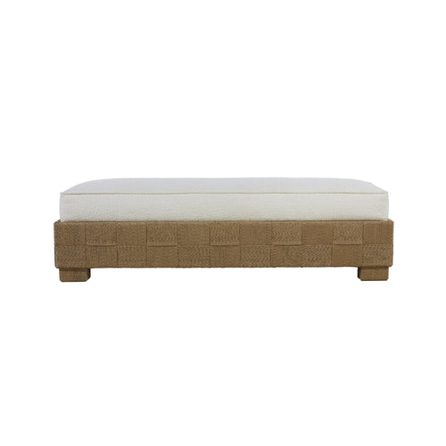 75-inch end-of-bed bench with an ivory boucle upholstered cushion on a woven natural seagrass wooden base with low block legs, shown on a white background.