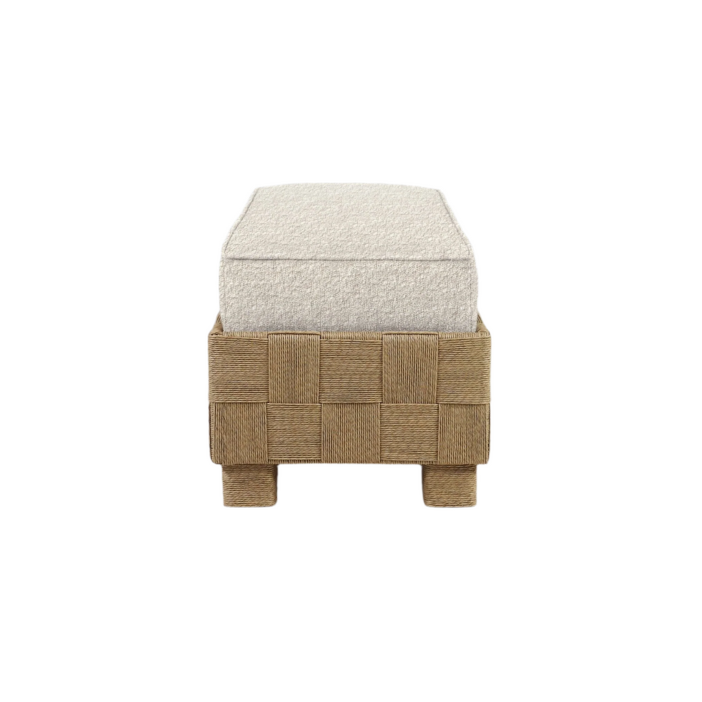 Front view of a modern 75-inch end-of-bed bench with a cream boucle upholstered cushion resting on a woven natural seagrass-style wooden base with checkerboard weave and short square wrapped legs.