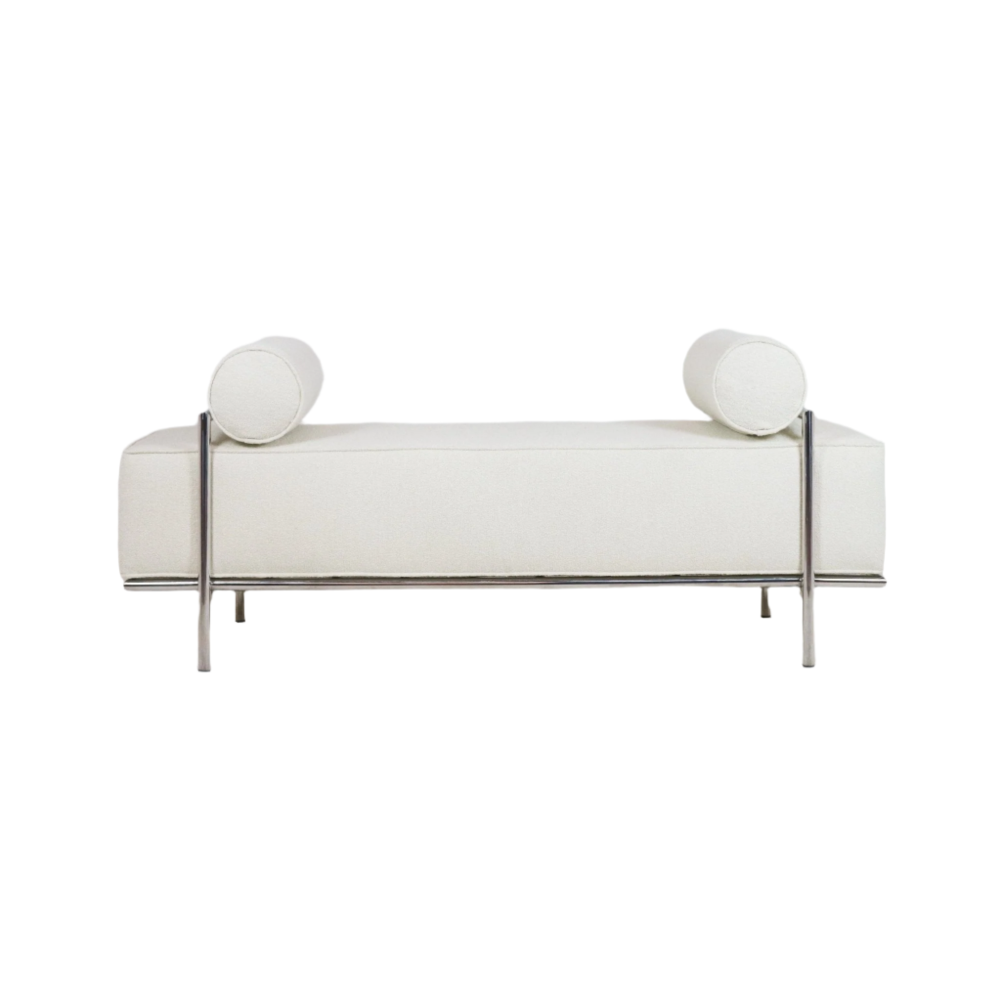Front view of a modern ivory boucle upholstered end-of-bed bench with two cylindrical bolster pillows and a polished stainless-steel frame and legs on a white background.