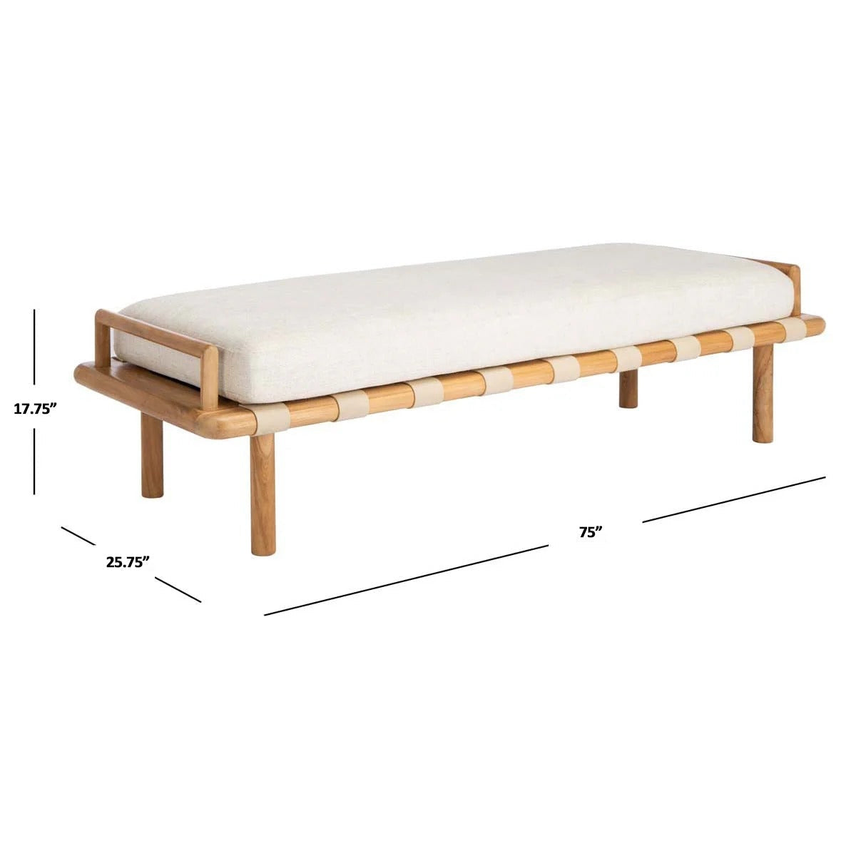 75-inch end-of-bed bench with a cream boucle upholstered cushion on a natural solid wood frame, rounded legs and light leather-wrapped slat detailing; studio product shot with dimension callouts.