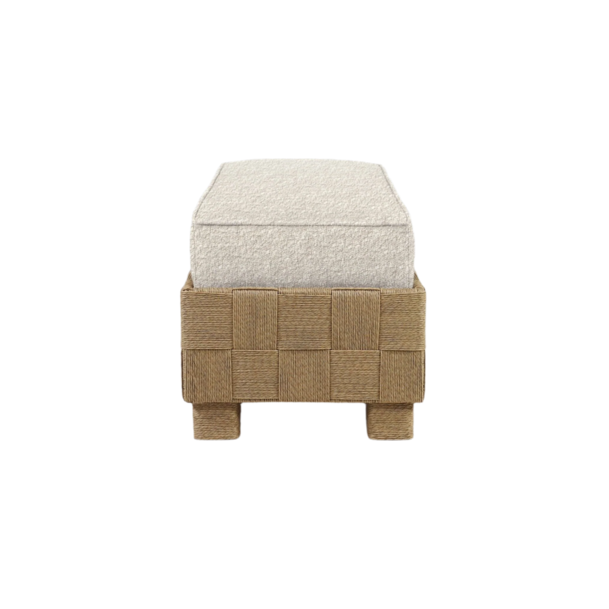 Front view of a modern 75-inch end-of-bed bench with a cream boucle upholstered cushion resting on a woven natural seagrass-style wooden base with checkerboard weave and short square wrapped legs.