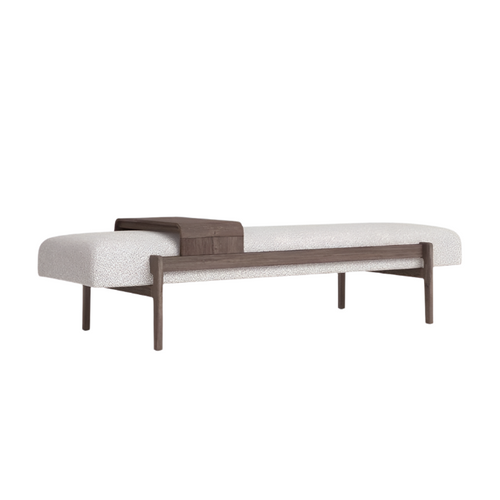 75-inch backless end-of-bed bench with white boucle upholstered seat and natural wood frame, slim tapered legs and a built-in wooden tray positioned at the center.