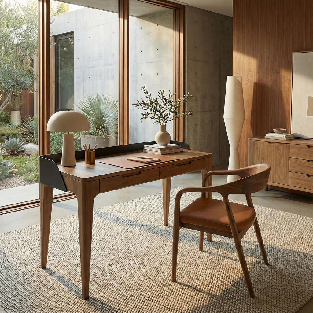 Millis Light Teak Finish with Matte Black Steel Cover Desk