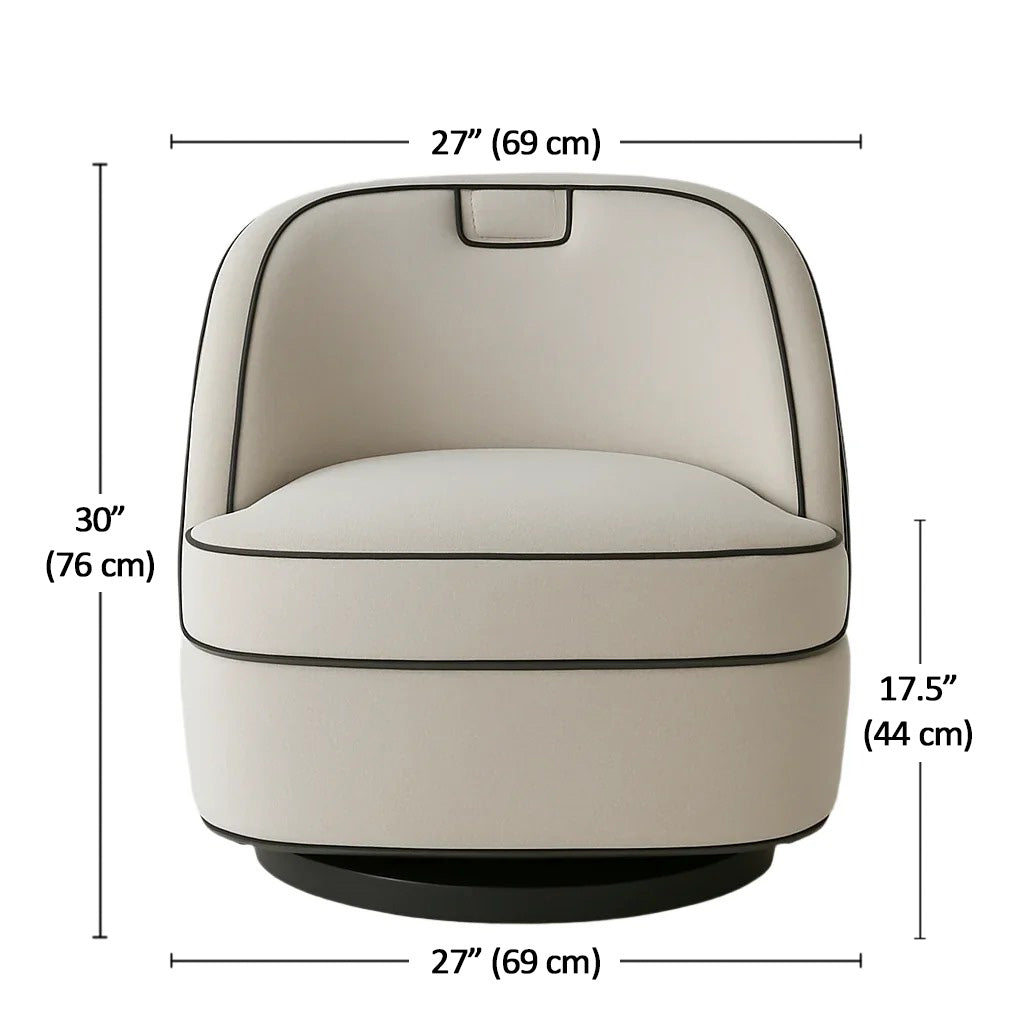 Front view of a modern cream fabric swivel lounge chair with black contrast piping, rounded barrel back and cushioned seat on a black swivel base; measurement callouts indicate 27 inches wide, 30 inches high and 17.5 inches seat height.