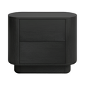 Black solid wood nightstand with rounded edges and two flat-front drawers, minimalist modern-contemporary design on a recessed plinth base with smooth matte finish.