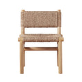 Front view of a natural teak outdoor dining chair with woven synthetic rope seat and low woven back, armless solid wood frame in a natural teak finish for a coastal contemporary look.