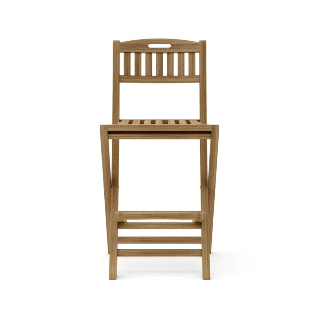 Front view of an armless folding teak outdoor bar stool with slatted seat and back, natural teak finish, integrated slatted footrest and coastal solid-wood construction.