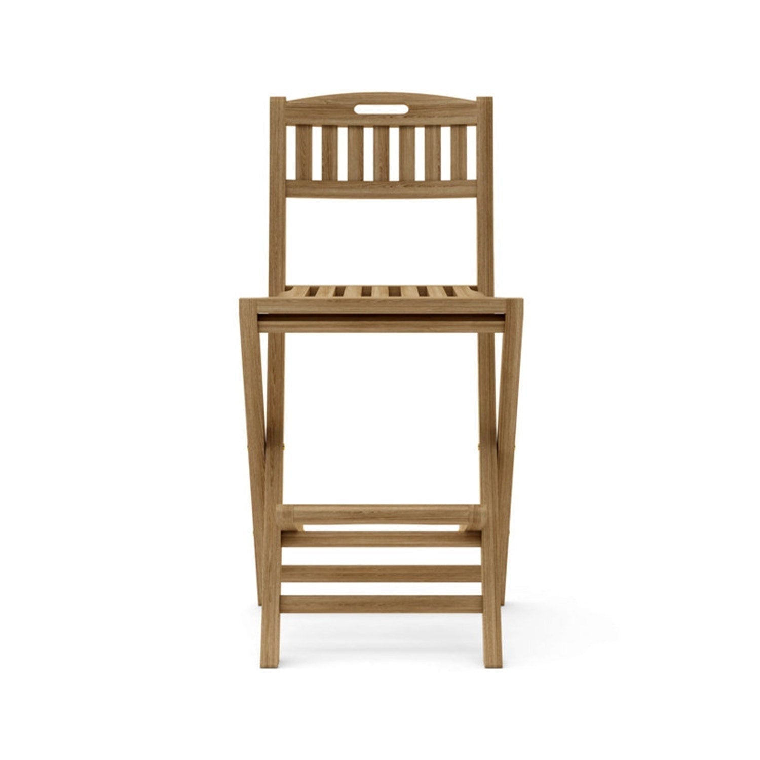 Front view of an armless folding teak outdoor bar stool with slatted seat and back, natural teak finish, integrated slatted footrest and coastal solid-wood construction.