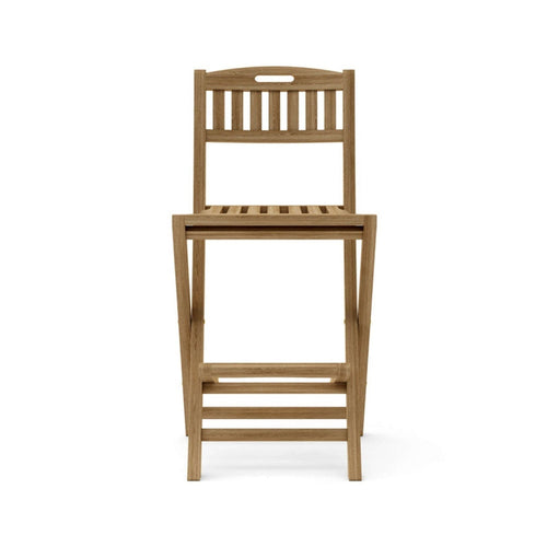 Front view of an armless folding teak outdoor bar stool with slatted seat and back, natural teak finish, integrated slatted footrest and coastal solid-wood construction.