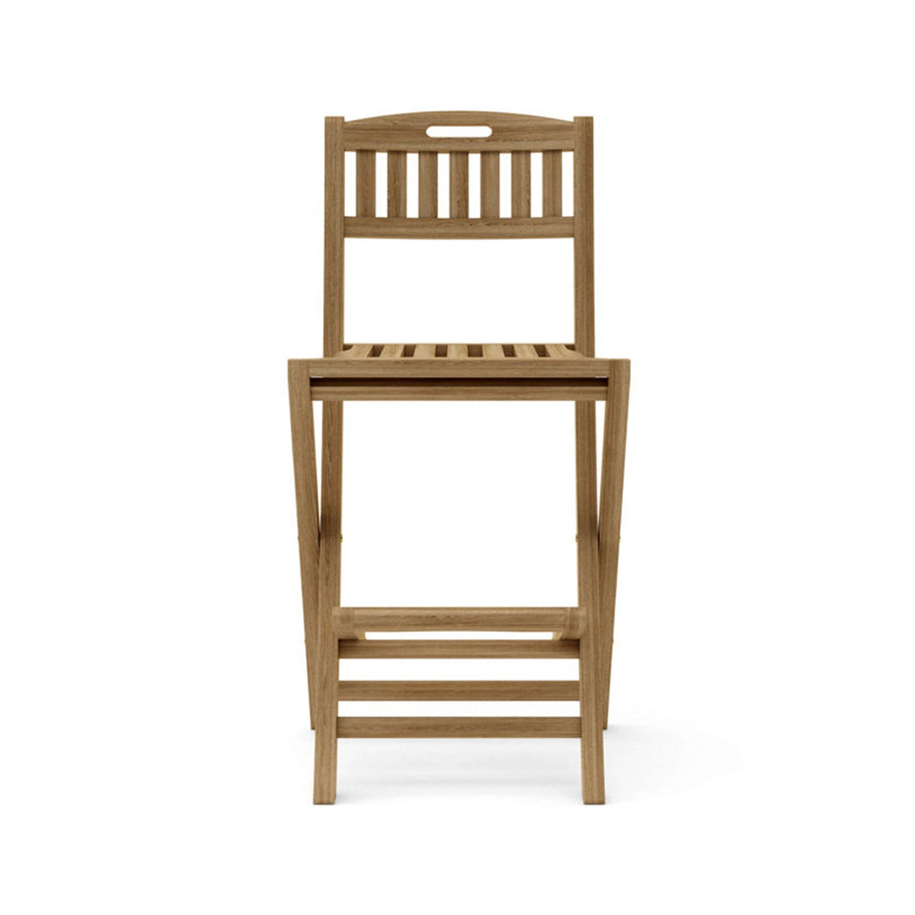 Front view of an armless folding teak outdoor bar stool with slatted seat and back, natural teak finish, integrated slatted footrest and coastal solid-wood construction.