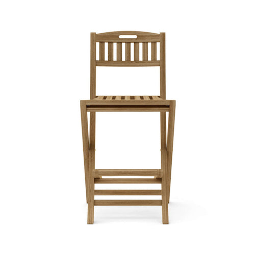 Front view of an armless folding teak outdoor bar stool with slatted seat and back, natural teak finish, integrated slatted footrest and coastal solid-wood construction.