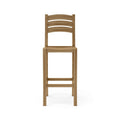 Front view of an armless teak outdoor bar stool with a three-slat curved ladder back, solid teak construction, square legs and two horizontal footrest bars in a natural teak finish.
