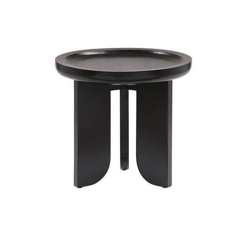 Round black solid-wood side table with a thick raised rim tabletop and three curved pedestal legs in a modern contemporary style