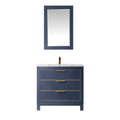 36-inch modern solid wood vanity with white stone top and integrated ceramic sink, navy-blue three-drawer cabinet with gold/brass handles and matching rectangular mirror.