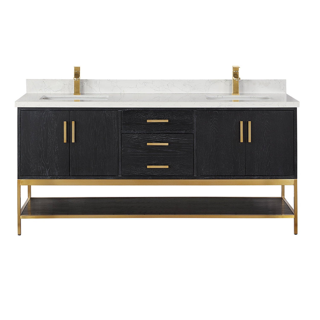 72-inch modern solid wood double-sink bathroom vanity with white stone countertop and low backsplash, dark stained wood cabinet, gold-tone faucets and hardware, three center drawers and an open lower shelf.