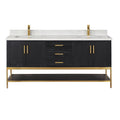 72-inch modern solid wood double-sink bathroom vanity with white stone countertop and low backsplash, dark stained wood cabinet, gold-tone faucets and hardware, three center drawers and an open lower shelf.