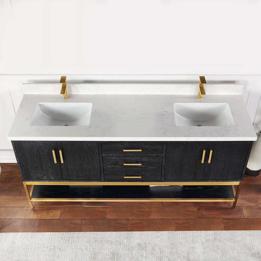 Modern 72-inch freestanding double-sink vanity with a stone-colored marbled top, two rectangular ceramic undermount sinks, black solid wood base, gold faucets and hardware, and an open lower shelf.