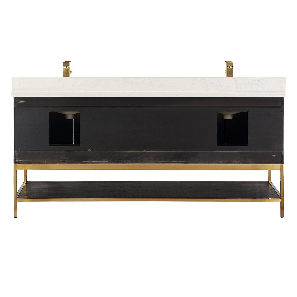 Modern 72-inch solid wood double-sink vanity shown front-on with a stone countertop, two gold faucets, dark wood freestanding base and open lower shelf; two sink cutouts visible.