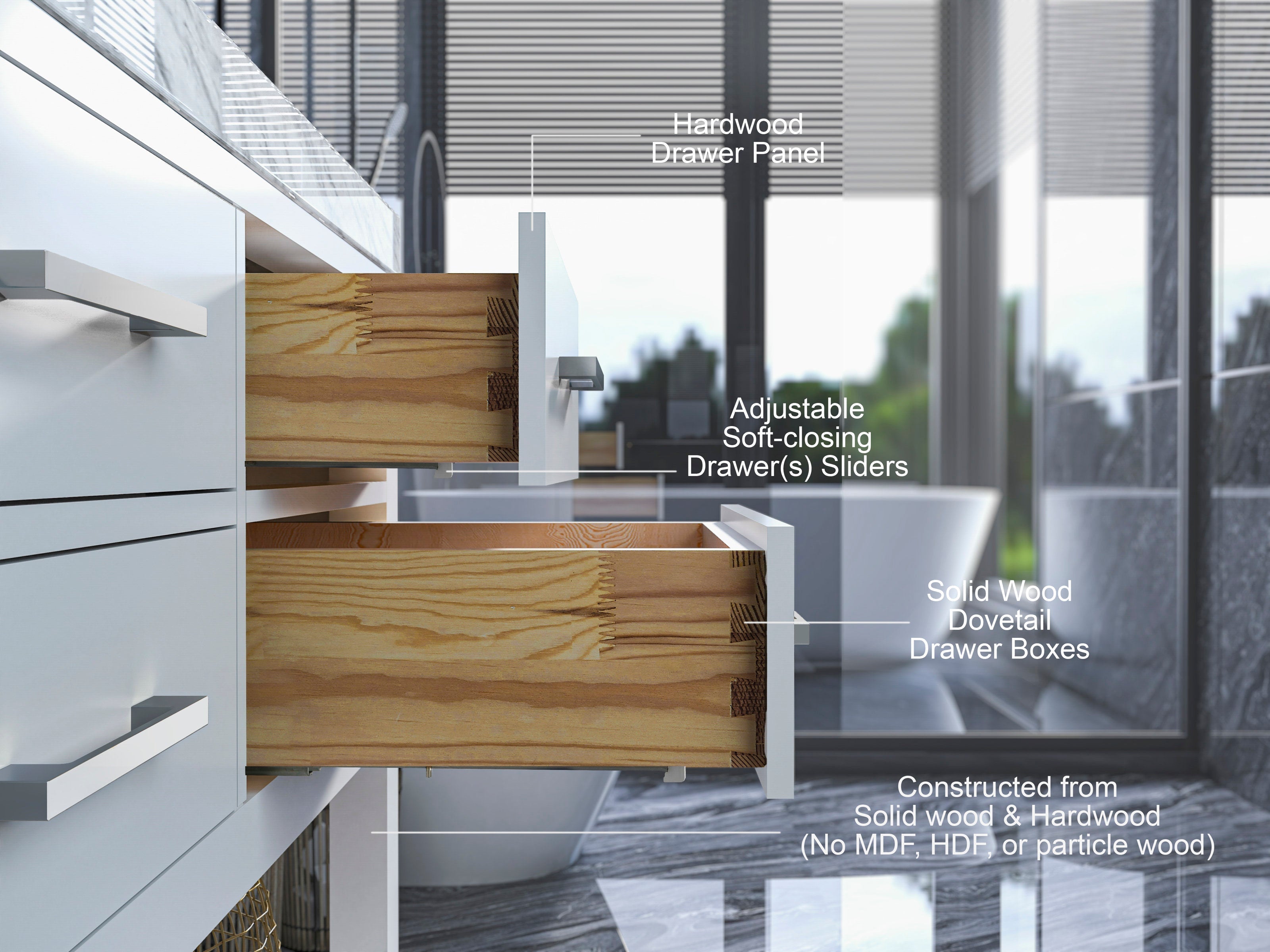 Close-up of two open solid wood dovetail drawer boxes with white painted fronts and brushed metal handles on a stone-top modern bathroom vanity, highlighting hardwood drawer panels and adjustable soft-closing sliders.