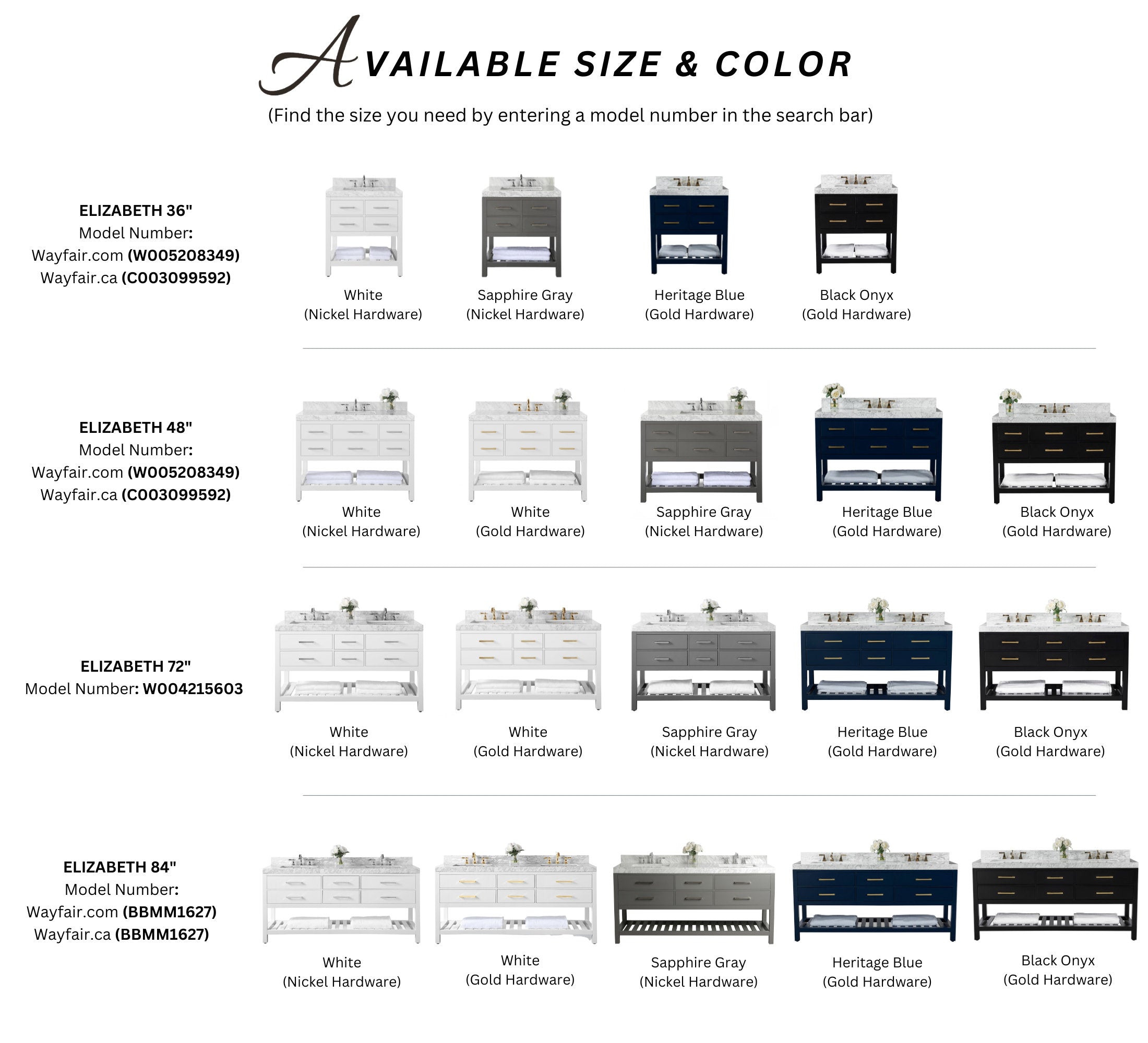 Chart of available Elizabeth bathroom vanity sizes and colors, showing rows of 36, 48, 72 and 84-inch vanities in white, sapphire gray, heritage blue and black onyx with stone tops and nickel or gold hardware.