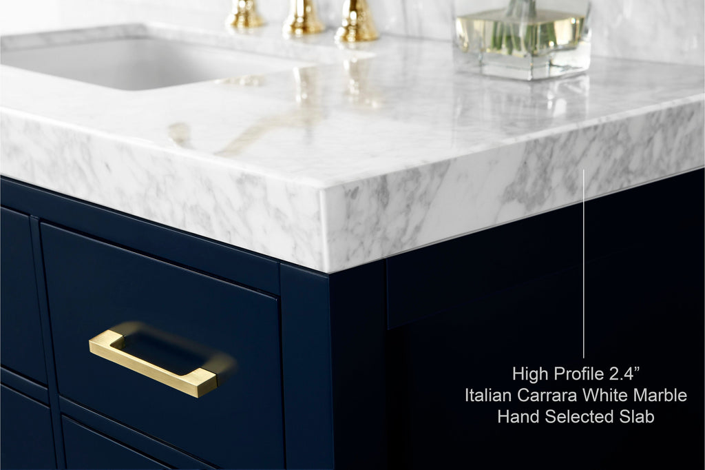 Close-up of a modern single-sink vanity showing a 2.4-inch Italian Carrara white marble top with gray veining, undermount sink, and a dark solid wood cabinet with brushed brass handle and faucet reflection.
