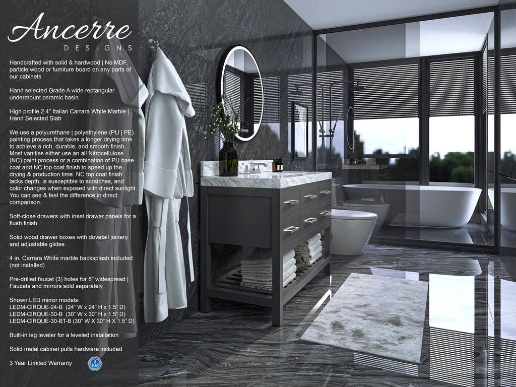 48-inch modern single-sink vanity in a stone finish, solid wood base with marble countertop and white ceramic undermount sink, open towel shelf, round LED mirror, and freestanding tub behind glass in a dark marble bathroom.