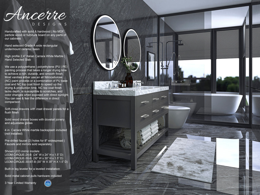 60-inch solid wood double-sink vanity in a stone finish with a white marble top, two undermount ceramic sinks, chrome pulls and round LED mirrors; open lower shelf with towels, shown in a modern bathroom with glass shower and freestanding tub.