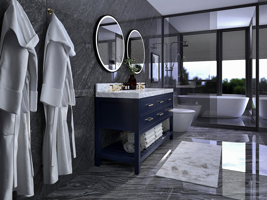 Modern contemporary 60-inch solid wood double-sink vanity with a stone top and brass faucets, open towel shelf, two round mirrors, white robes on wall hooks, freestanding tub and glass shower in a gray stone bathroom.