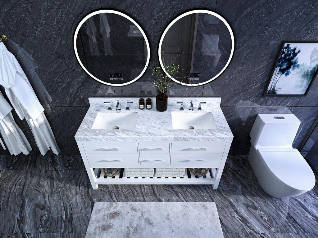 Top-down view of a modern solid wood 60-inch freestanding double sink vanity with a stone top, two rectangular ceramic undermount sinks, chrome faucets, open lower shelf with towels and two round illuminated mirrors.