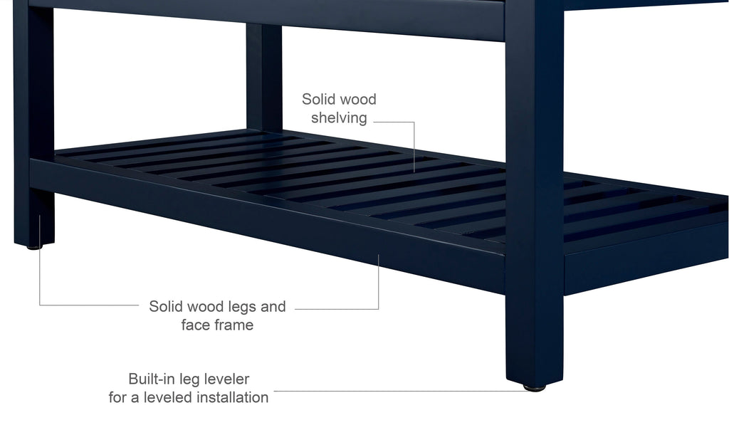 Close-up of a modern solid wood double-sink vanity's lower slatted shelf and square legs in a stone finish, showing the face frame, slatted storage and built-in adjustable leg leveler for leveled installation.