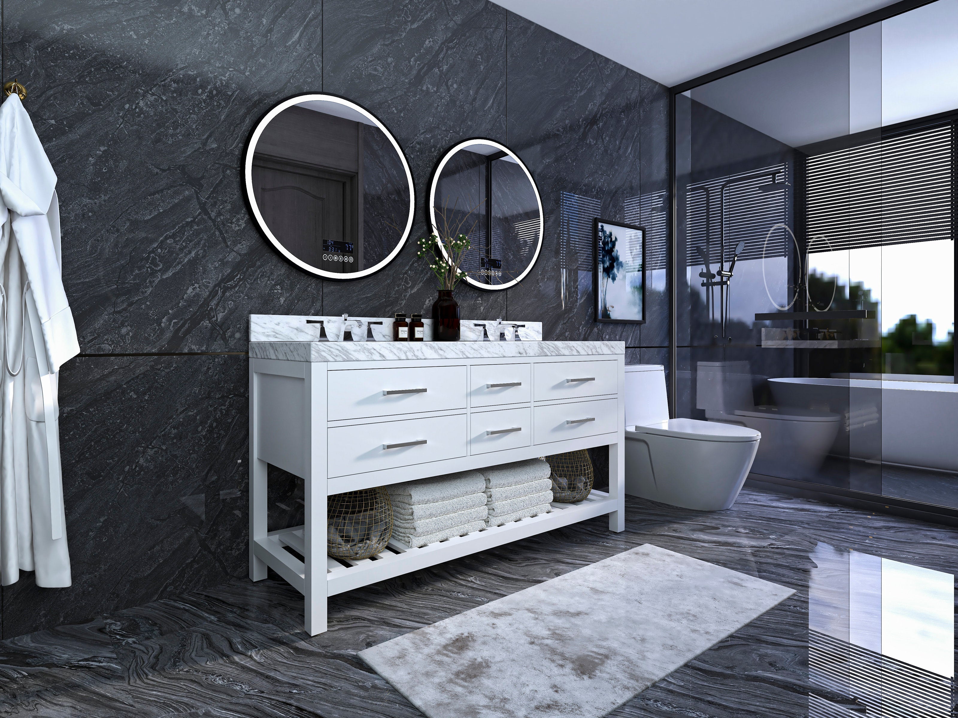 Freestanding white solid-wood 60-inch double sink vanity with stone marble top, chrome faucets, soft-close drawers and open lower shelf with folded towels and baskets, set against dark stone walls with round backlit mirrors and glass shower.
