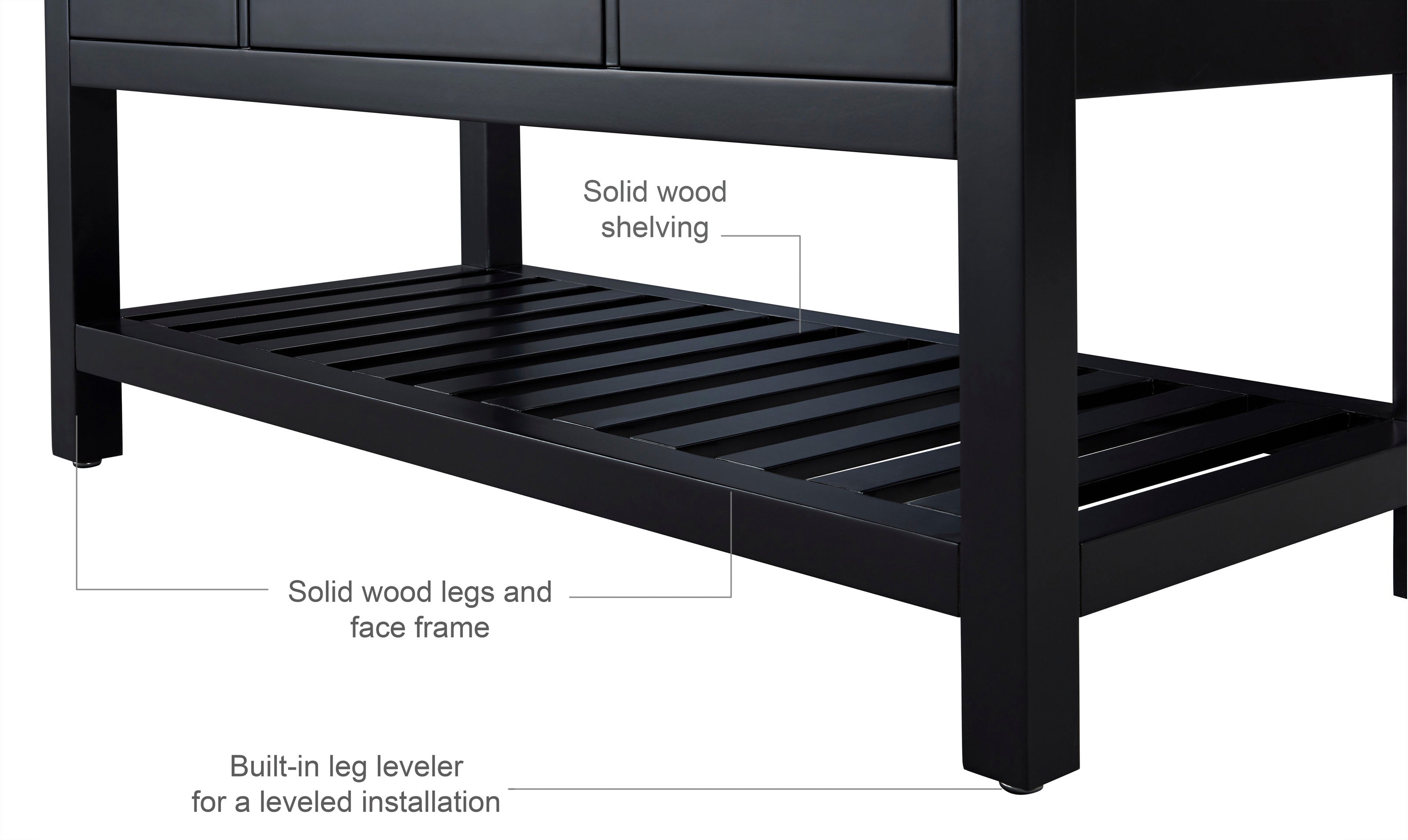 Close-up of a modern stone-colored double-sink vanity showing solid wood slatted lower shelf, solid wood legs and face frame finished in a dark tone with a built-in leg leveler for a leveled installation.