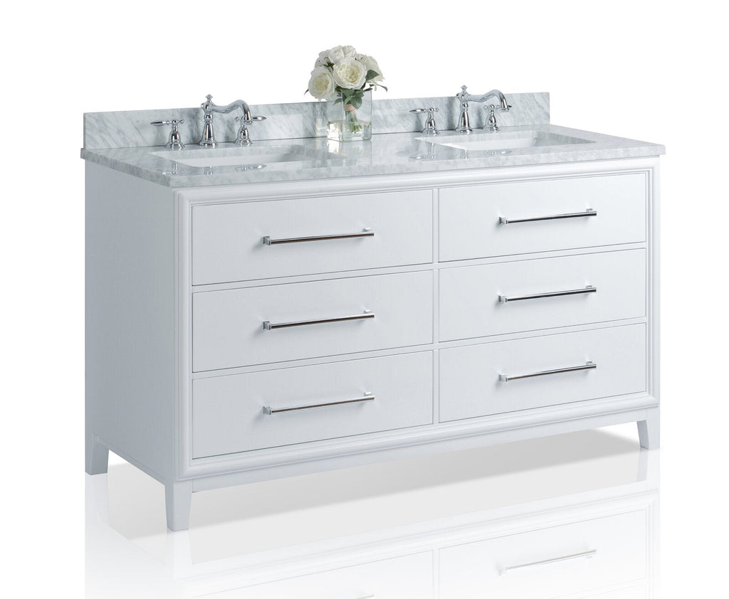 60-inch freestanding white solid wood bathroom vanity with stone marble top and backsplash, two rectangular undermount sinks, chrome widespread faucets and six drawers with long chrome bar pulls.