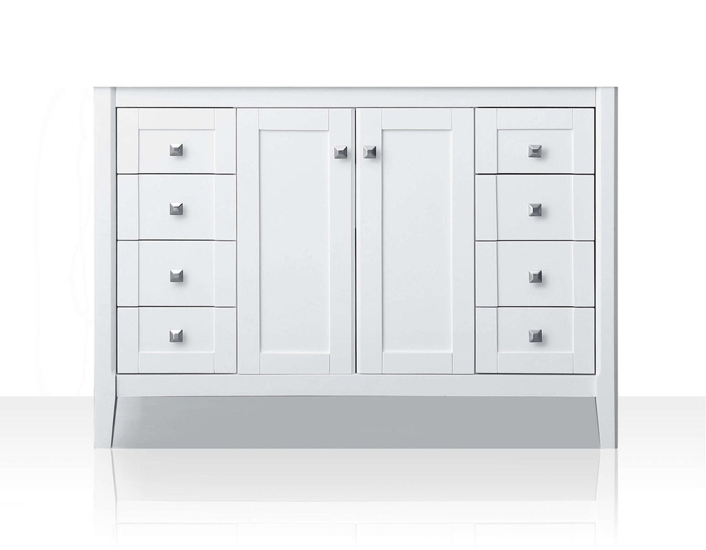48-inch freestanding modern solid wood bathroom vanity in stone finish with stone top, central double doors and three stacked drawers on each side, each fitted with square metal knobs.