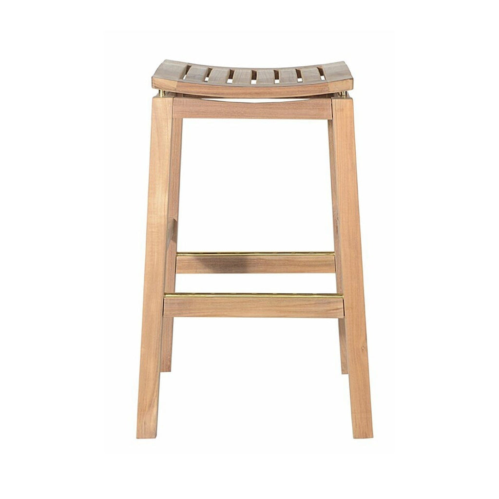 Backless teak outdoor bar stool in a natural finish with a gently curved slatted seat, square tapered legs and brass-accented footrails, styled for coastal patios and shown on a white background.