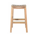Backless teak outdoor bar stool in a natural finish with a gently curved slatted seat, square tapered legs and brass-accented footrails, styled for coastal patios and shown on a white background.