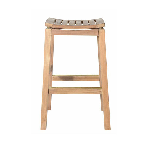 Backless teak outdoor bar stool in a natural finish with a gently curved slatted seat, square tapered legs and brass-accented footrails, styled for coastal patios and shown on a white background.