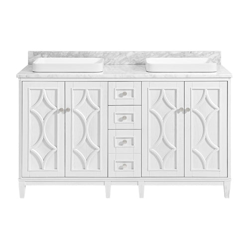 Front view of a 60-inch modern freestanding white solid wood bathroom vanity with carved paneled doors, five central drawers with round metal knobs, a stone marble top and two rectangular white ceramic vessel sinks.