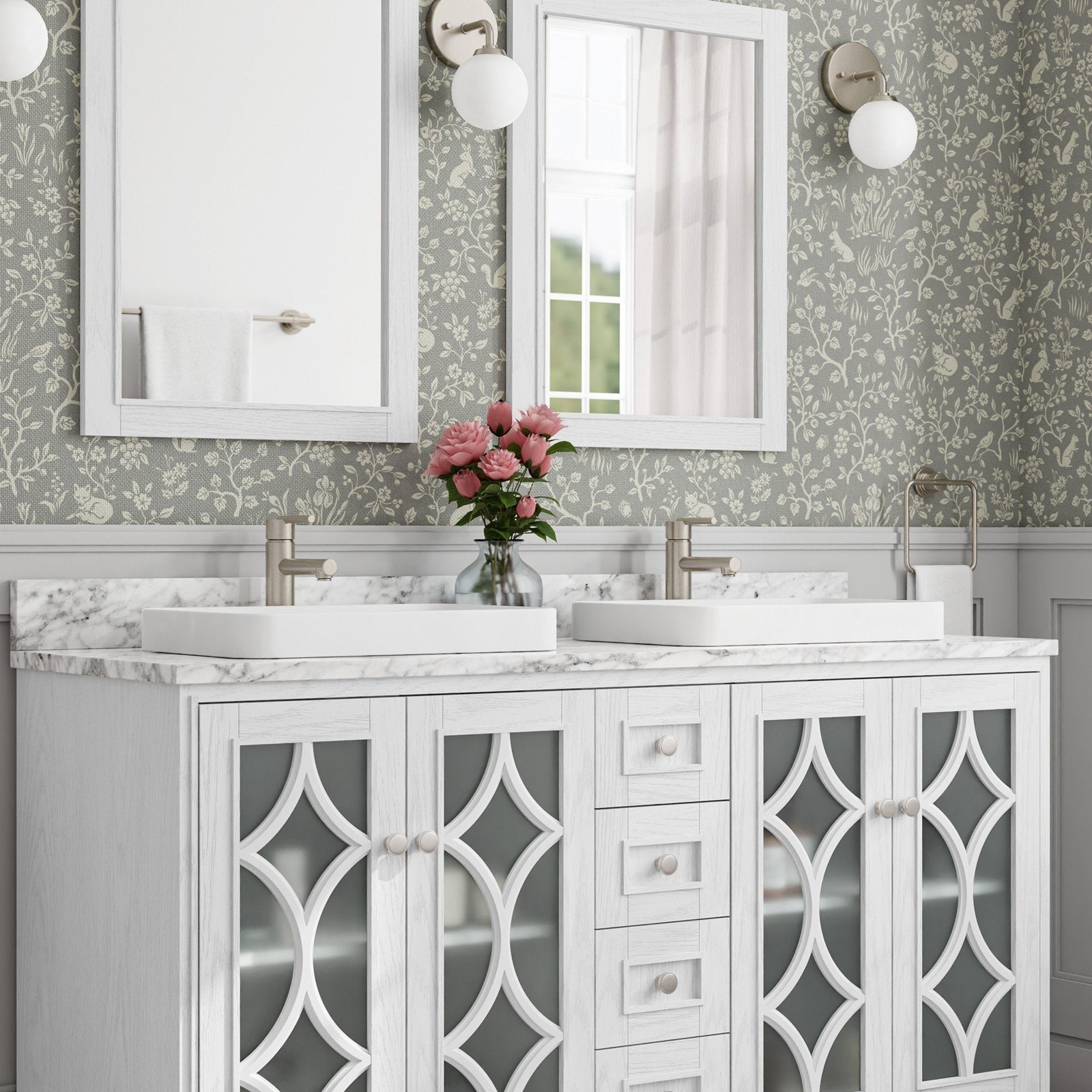 Modern white solid-wood 60-inch double-sink bathroom vanity with stone countertop, two rectangular ceramic vessel sinks, brushed-nickel faucets, decorative frosted glass cabinet doors, framed mirrors and pink flowers in vase.