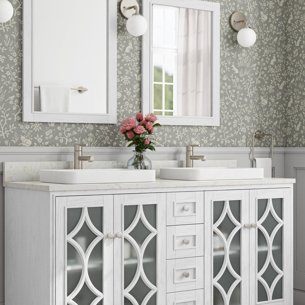 Modern freestanding 60-inch white solid-wood bathroom vanity with stone countertop, two rectangular white vessel sinks, brushed-nickel faucets, frosted glass doors with decorative lattice and twin mirrors over floral wallpaper.
