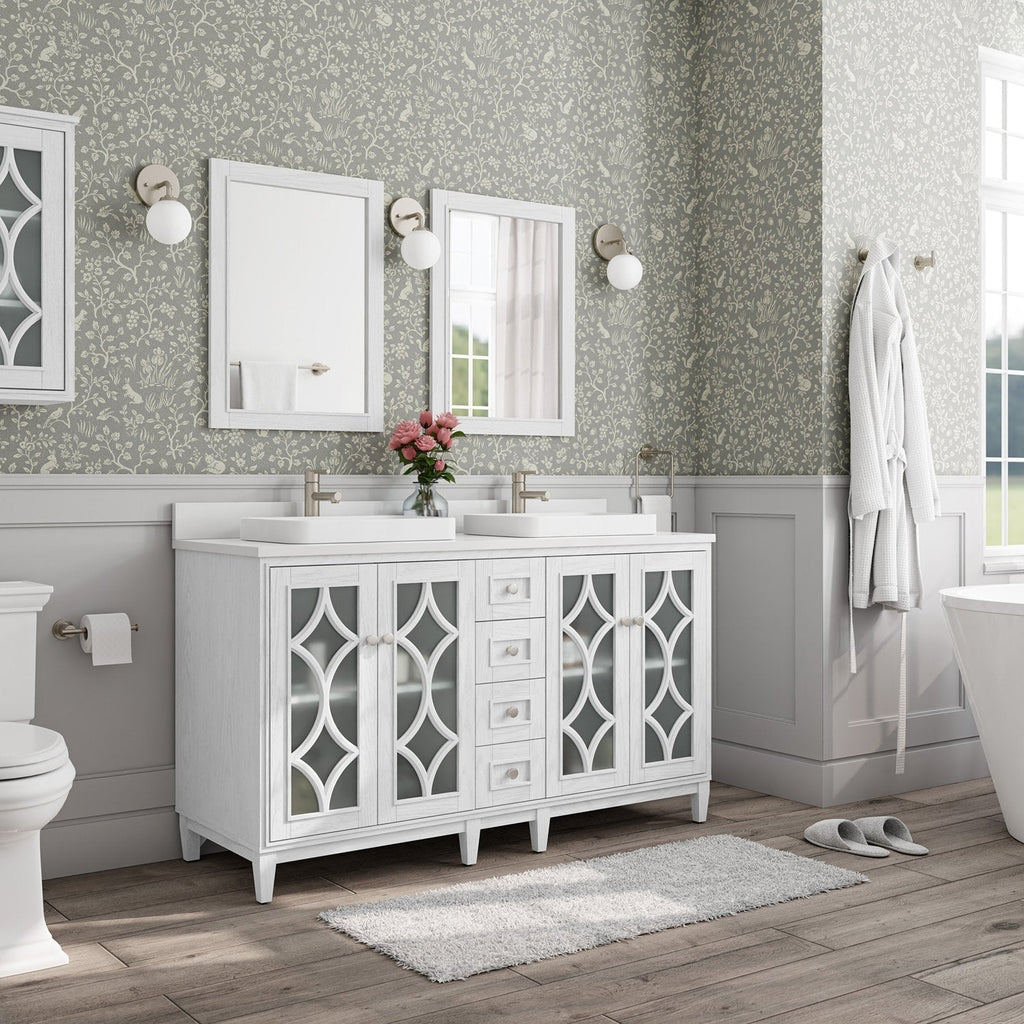 60-inch freestanding whitewashed solid wood bathroom vanity with stone countertop, two rectangular vessel sinks, brushed nickel faucets, central stacked drawers and decorative frosted-glass cabinet doors in a modern bath